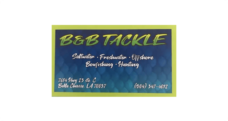 B&B Tackle business card with contact details.