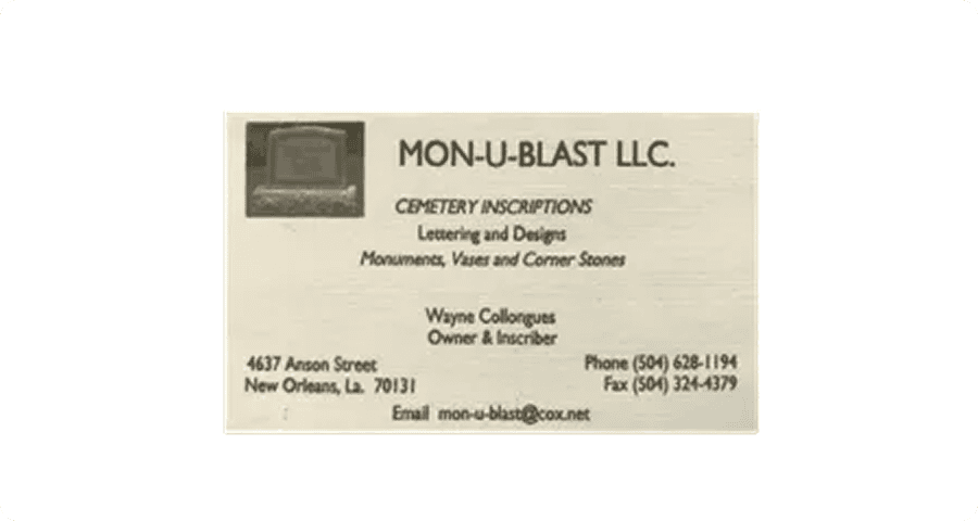 Business card for cemetery inscriptions service.