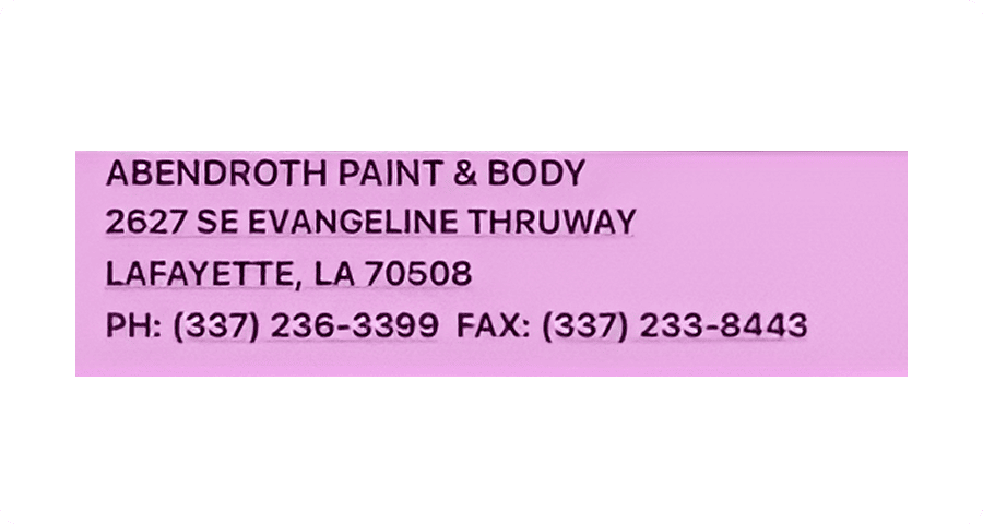 Business contact information on a purple background.